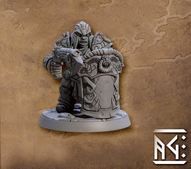Female Dwarf Fighter Cleric with Axegun & Tower Shield, Helm | 28mm, 32mm, 54mm, 75mm Scale Miniature | Dungeons and Dragons | Artisan Guild - Only-Games