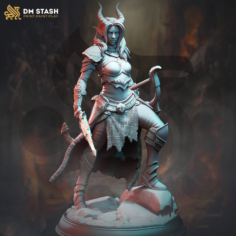 Female Tiefling Ranger Fighter Rogue Miniature | 28mm, 32mm,54mm, 75mm, 100mm Scales | Pathfinder Figure | DnD | Figurine unpainted | - Only-Games