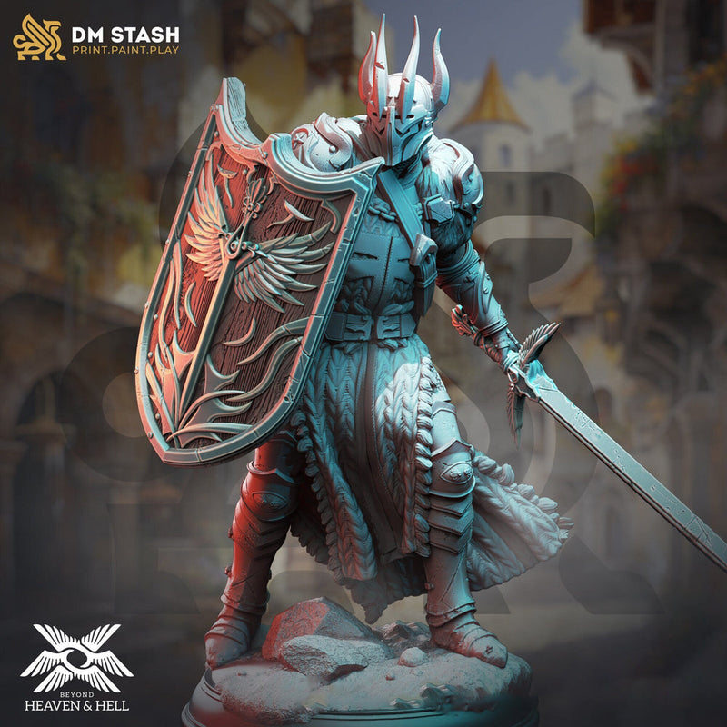 Human Paladin Fighter Sword & Shield | Miniature | 28mm, 32mm, 54mm,75mm, 100mm Scales | Pathfinder Figure | DnD | Figurine unpainted | - Only-Games