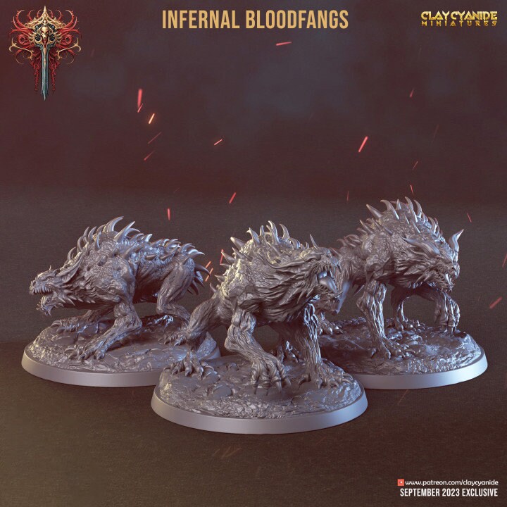Fiend Hounds, Bloofd Fangs, Dire Chaos Wolves | 28mm, 32mm,54mm,75mm Scale | Dungeons and Dragons | Pathfinder Miniatures | Figurine | DnD | - Only-Games