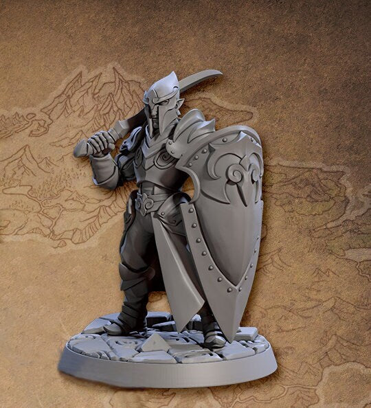 Elf Paladin Fighter Sword and Shield | 28mm, 32mm, 54mm,75mm,100mm Scale Resin Miniature Dungeons and Dragons D&D Pathfinder | Artisan Guild - Only-Games