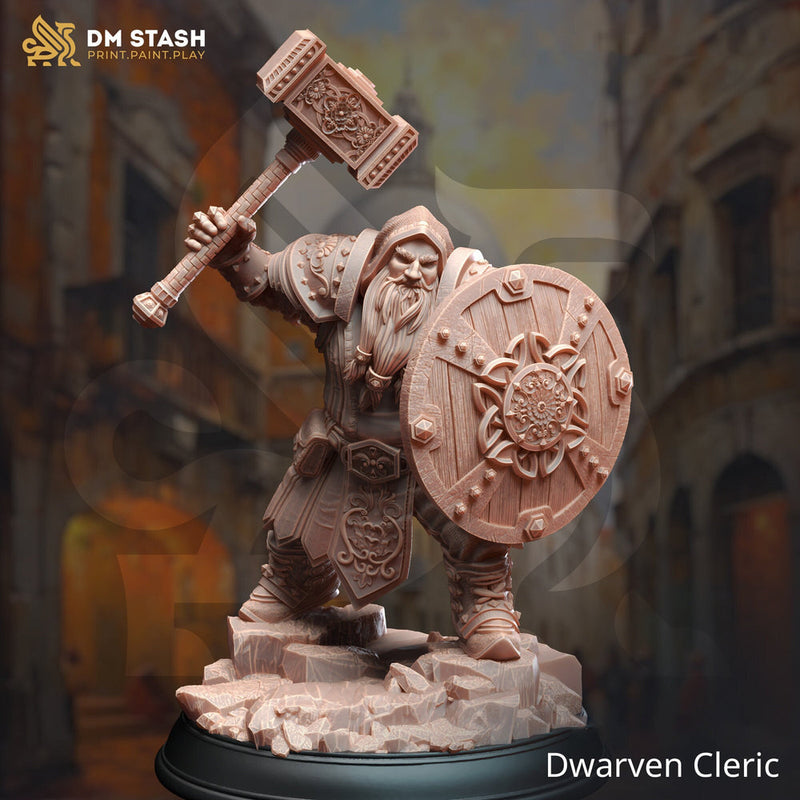 Dwarf  Cleric Fighter w/ Hammer & Shield Miniature | 28mm, 32mm,54mm,75mm, 100mm Scales | DnD 5e Pathfinder | DM Stash - Only-Games