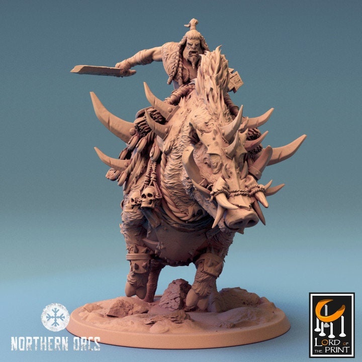 Orc Fighter on Charging Giant Boar w/ Club/Sword, Orc Chieftain | Dungeons and Dragons 5e  | 28mm,32mm, 54mm, 75mm Scale | Pathfinder | LOP - Only-Games