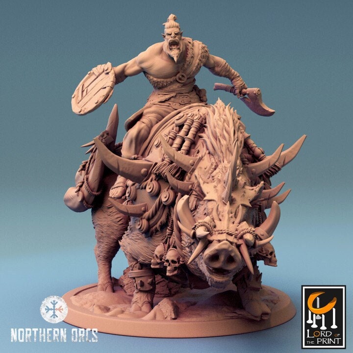 Orc Fighter on Giant Boar w/ Shield & Axe, Orc Chieftain | Dungeons and Dragons 5e  | 28mm,32mm, 54mm, 75mm Scale | Pathfinder | LOP - Only-Games