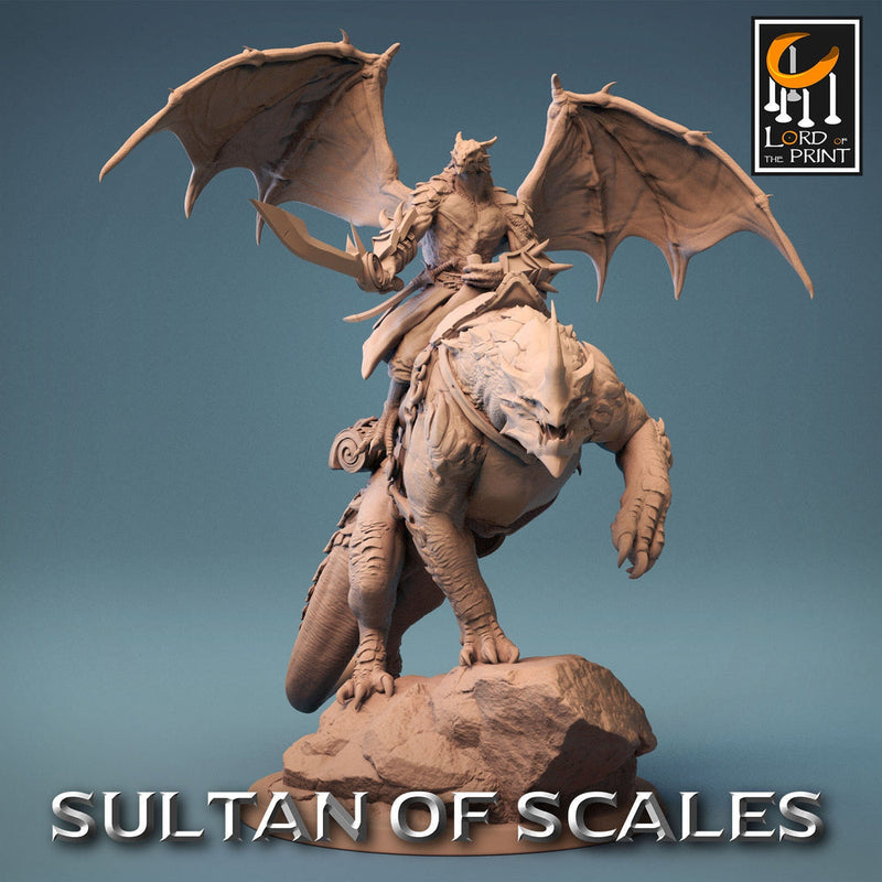 Winged Dragonborn w/ Sword Mounted on Dragonling  | Dungeons and Dragons 5e  | 28mm,32mm, 54mm, 75mm Scale | Pathfinder | Lord of the Print - Only-Games