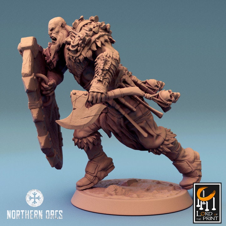 Orc Fighter Barbarian Battle Axe and Shield, Half-Orc | Scales: 28mm, 32mm , 54mm,75mm,100mm  Megaboss | Dungeons & Dragons 5e | Pathfinder - Only-Games