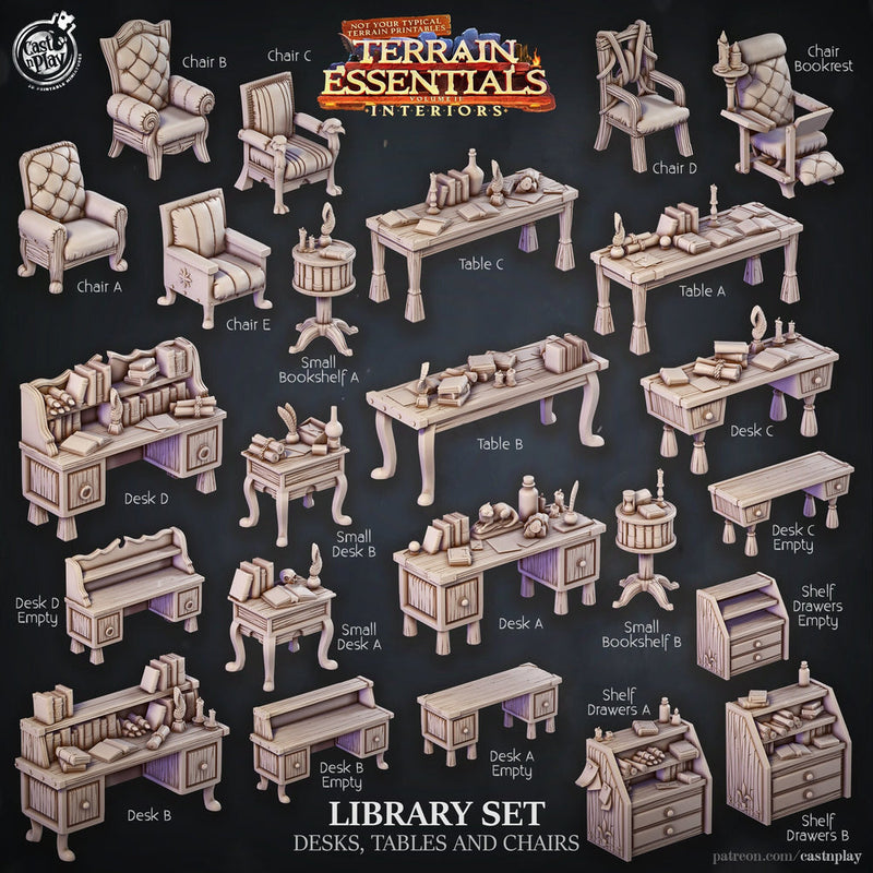 Library Set Desk, Tables and Chairs Scatter Props Terrain | Resin 28mm, 32mm| Dungeons &  Dragons 5e Miniature | Pathfinder RPG Tabletop DnD - Only-Games