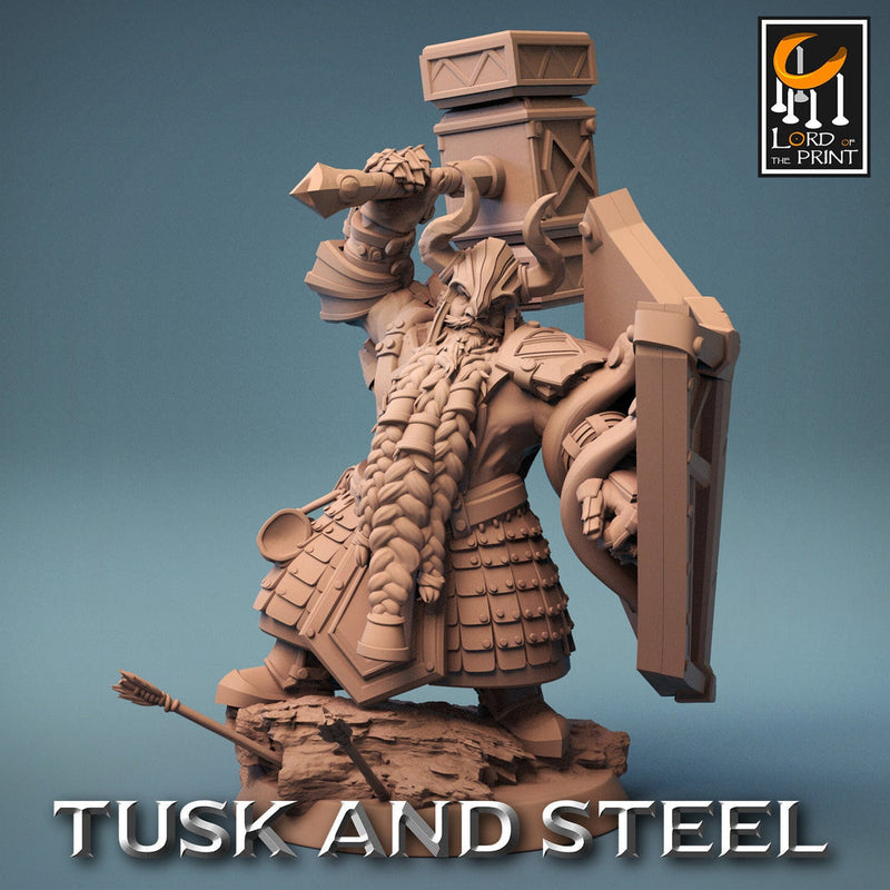Dwarf Fighter Paladin Hammer n Shield Unpainted Model | 28mm, 32mm,54mm,75mm,100mm Scales | Dungeons & Dragons Pathfinder Rescale Miniatures - Only-Games