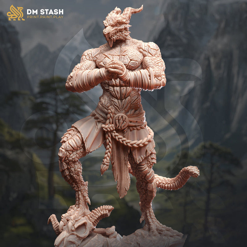 Dragonborn Monk, Fighter Pugilist PC NPC Miniature | 28mm, 32mm, 54mm, 75mm, 100mm Scales | Pathfinder Figure DnD | DM Stash | - Only-Games