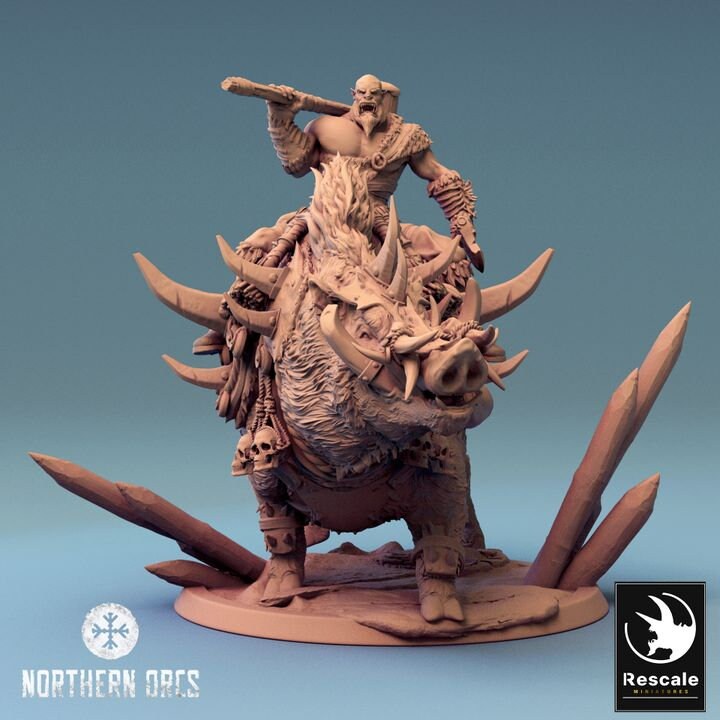 Orc Fighter on Giant Boar w/ Hammer & Axe, Orc Chieftain | Dungeons and Dragons 5e  | 28mm,32mm, 54mm, 75mm Scale | Pathfinder | LOP - Only-Games