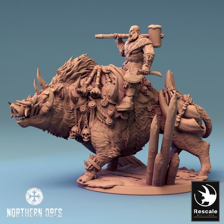 Orc Fighter on Giant Boar w/ Hammer & Axe, Orc Chieftain | Dungeons and Dragons 5e  | 28mm,32mm, 54mm, 75mm Scale | Pathfinder | LOP - Only-Games