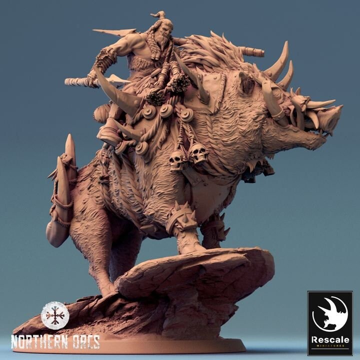 Orc Fighter on Giant Boar w/ Hammer & Axe, Orc Chieftain | Dungeons and Dragons 5e  | 28mm,32mm, 54mm, 75mm Scale | Pathfinder | LOP - Only-Games