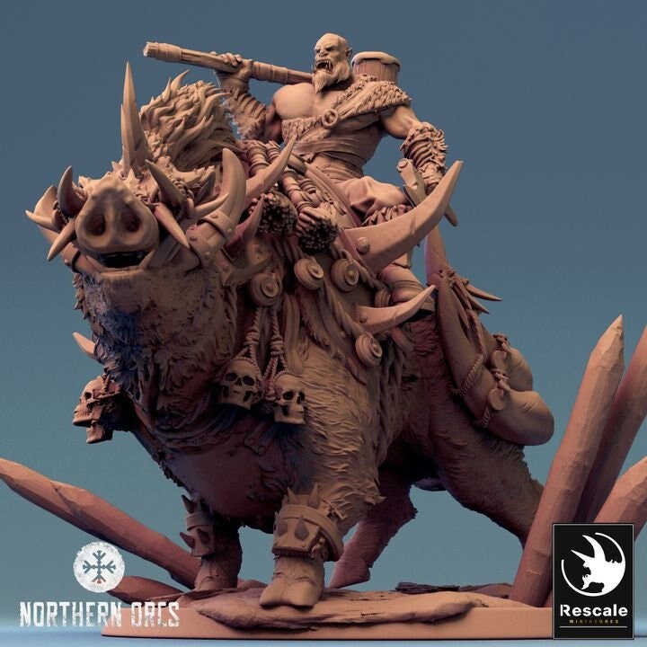 Orc Fighter on Giant Boar w/ Hammer & Axe, Orc Chieftain | Dungeons and Dragons 5e  | 28mm,32mm, 54mm, 75mm Scale | Pathfinder | LOP - Only-Games