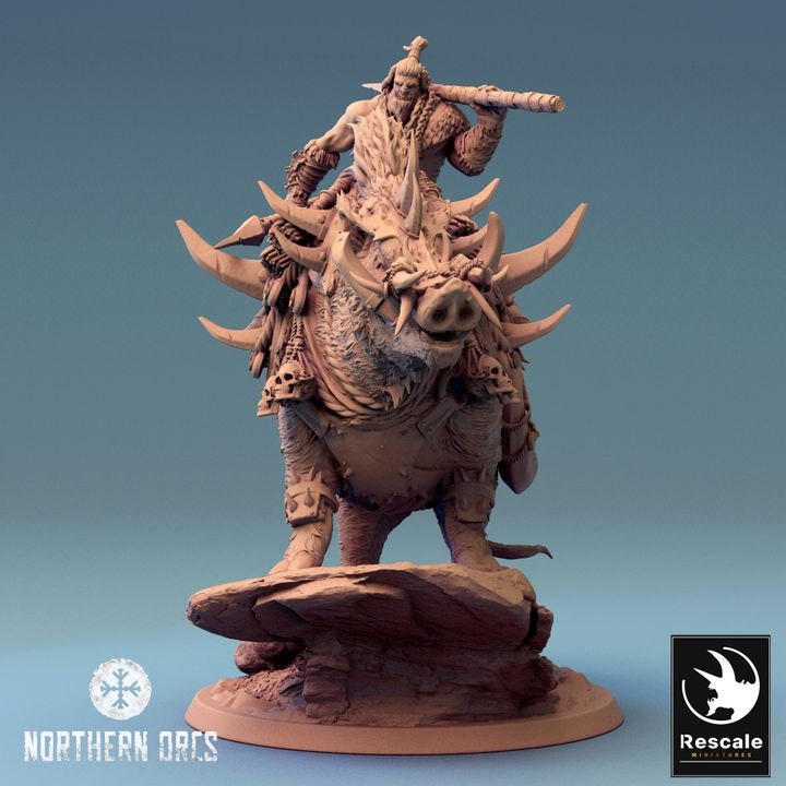 Orc Fighter on Giant Boar w/ Hammer & Axe, Orc Chieftain | Dungeons and Dragons 5e  | 28mm,32mm, 54mm, 75mm Scale | Pathfinder | LOP - Only-Games
