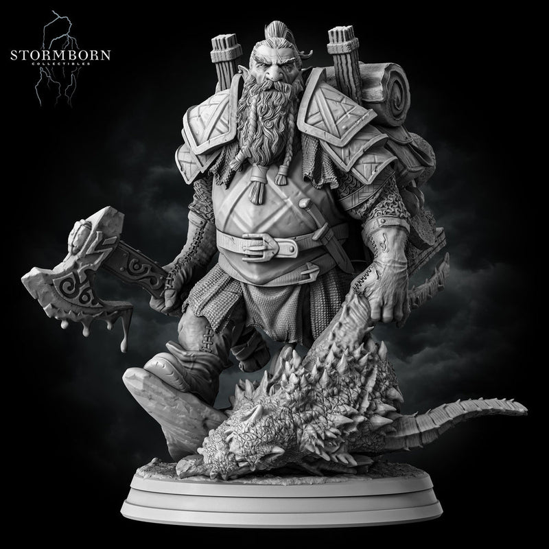 Dwarf Fighter Dragon Hunter (Baby dragon :) ) PC / NPC | 28mm,32mm,54mm,75mm,100mm Scales | Player Character Mini D&D 5e Pathfinder Figurine - Only-Games