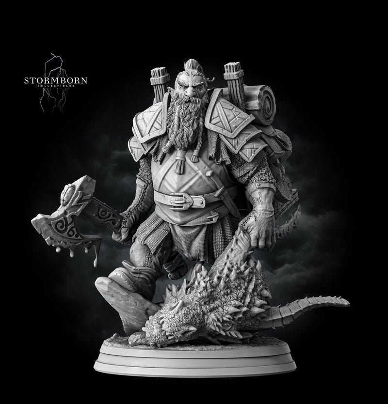 Dwarf Fighter Dragon Hunter (Baby dragon :) ) PC / NPC | 28mm,32mm,54mm,75mm,100mm Scales | Player Character Mini D&D 5e Pathfinder Figurine - Only-Games