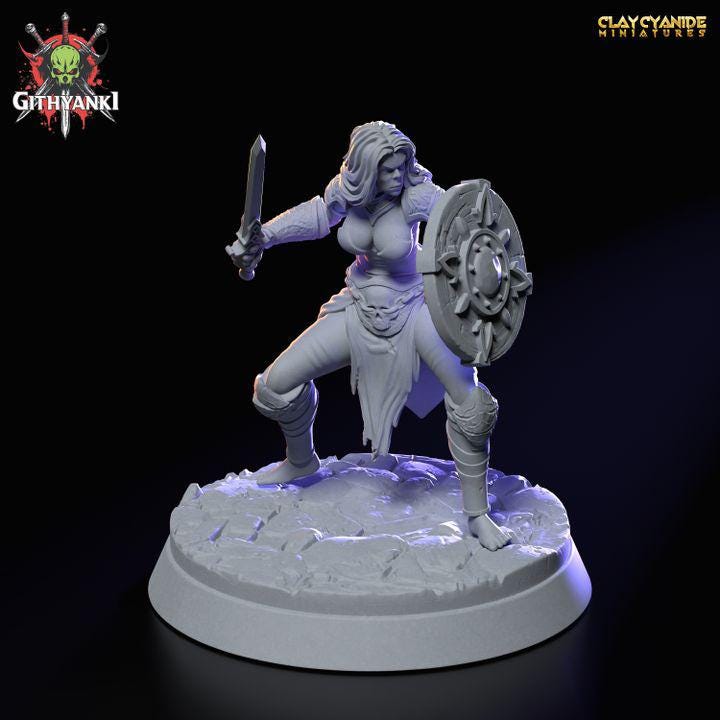 Githyanki Female Fighter Sword and Shield | UNPAINTED Resin Miniature | 28mm, 32mm,54mm,75mm,100mm Scale |Dungeons & Dragons| Clay Cyanide - Only-Games