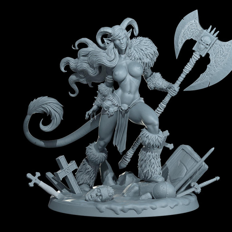 Female Tiefling Barbarian, Fighter, Ranger, PC NPC Miniature | NSFW Topless & Nude versions | 28mm, 32mm,54mm, 75mm, 100mm Scales |DnD 5e - Only-Games