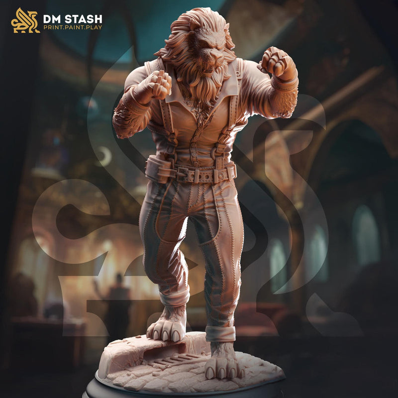 Leonin LionFolk Fighter Pugilist, Monk PC NPC Miniature | 28mm, 32mm, 54mm, 75mm, 100mm Scales | Pathfinder Figure DnD | - Only-Games