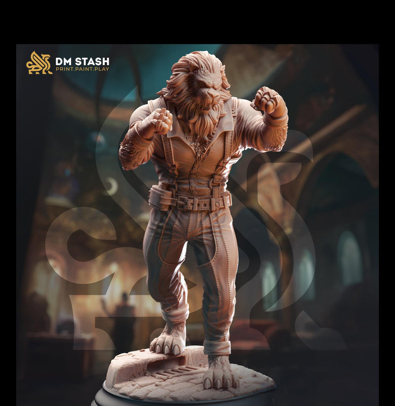 Leonin LionFolk Fighter Pugilist, Monk PC NPC Miniature | 28mm, 32mm, 54mm, 75mm, 100mm Scales | Pathfinder Figure DnD | - Only-Games