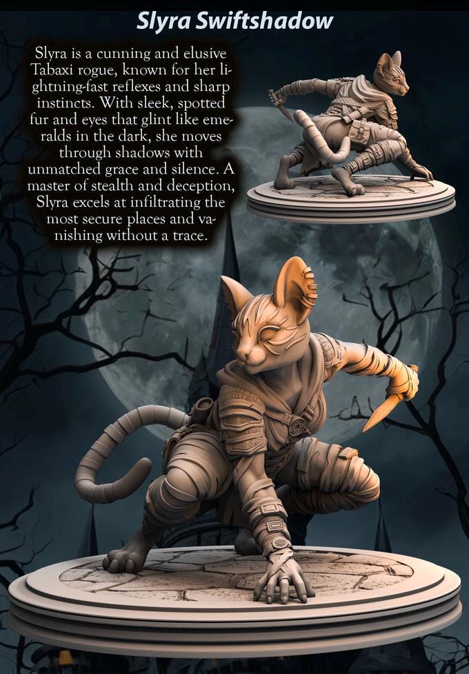 Female Tabaxi,Rogue, Swashbuckler, Werecat, Catfolk PC NPC | Also NSFW Topless |Unpainted Miniature 28mm,32mm,54mm,75mm,100mm Scales |DnD 5e - Only-Games