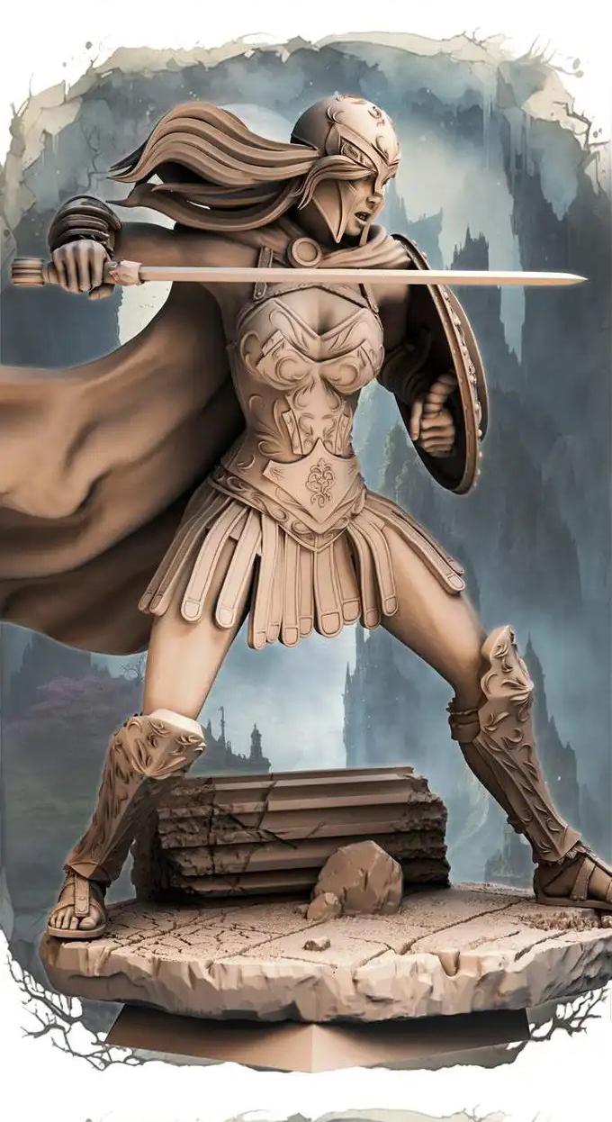 Female  Battlemaster Fighter, Sword and Shield  D&D 5e Mini | 28mm, 32mm,54mm,75mm,100mm Scales | Dungeons and Dragons Pathfinder | - Only-Games