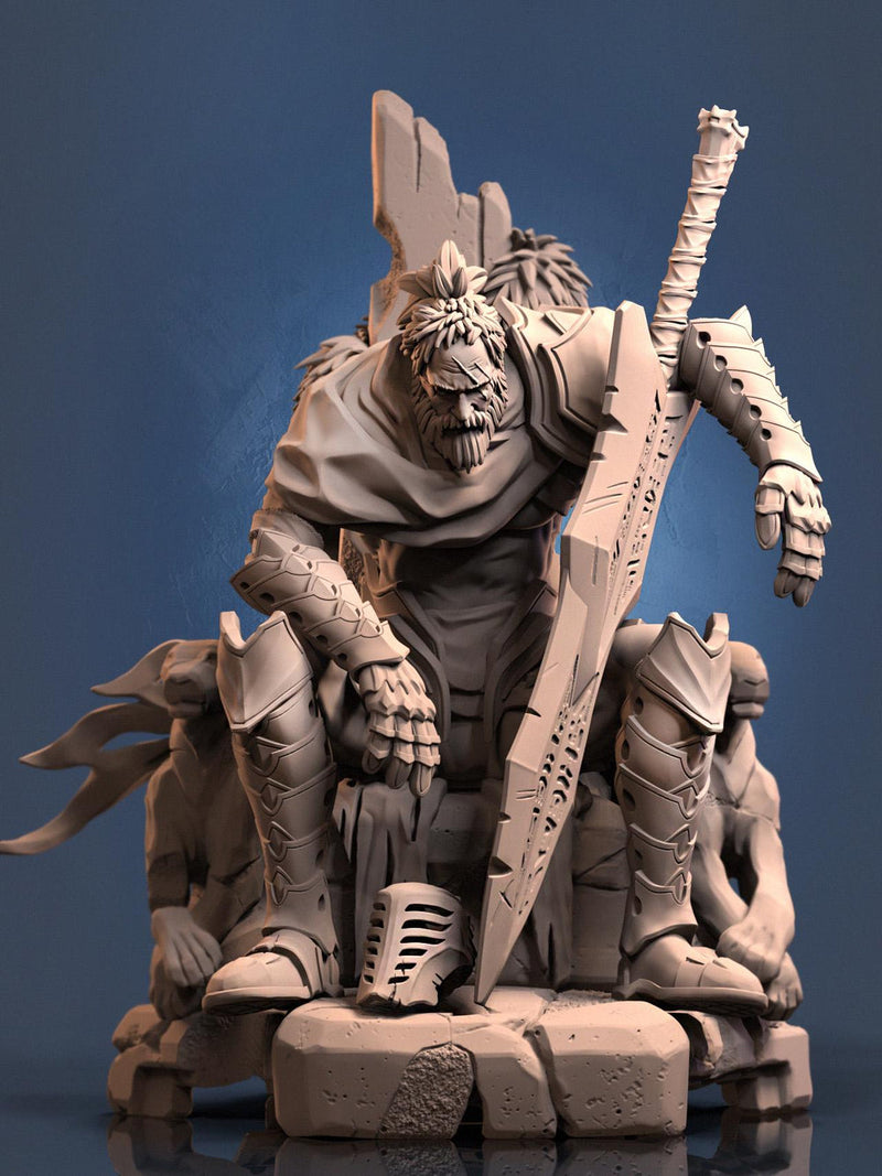 Broken Fighter King on throne D&D 5e Unpainted Miniature| 28mm,32mm,54mm,75mm,100mm Scales | Pathfinder Figure | RPG | Figurine unpainted | - Only-Games