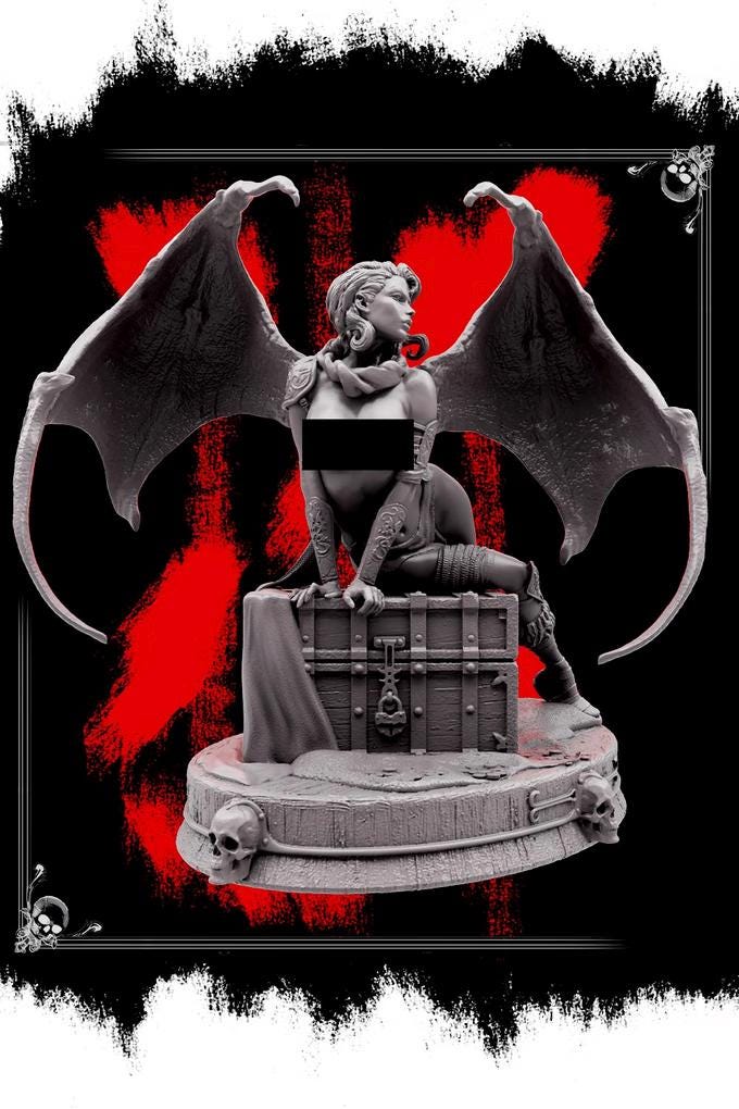 Succubus Female Demon Guarding Treasure Chest NPC also NSFW (topless) | 28mm,32mm,54mm,75mm,100mm Scales | Dungeons & Dragons 5e |Pathfinder - Only-Games