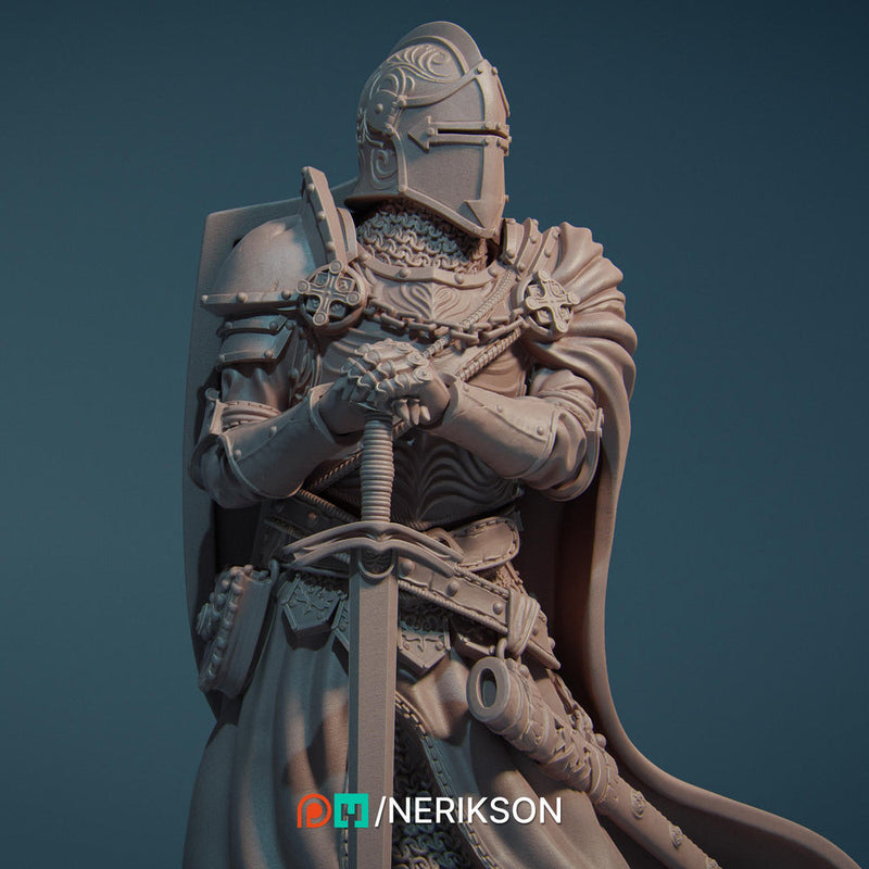 Human Paladin Fighter Sword & Shield |Unpainted Miniature| 28mm,32mm,54mm,75mm,100mm Scales | Pathfinder Figure | DnD Figurine | NERIKSON - Only-Games
