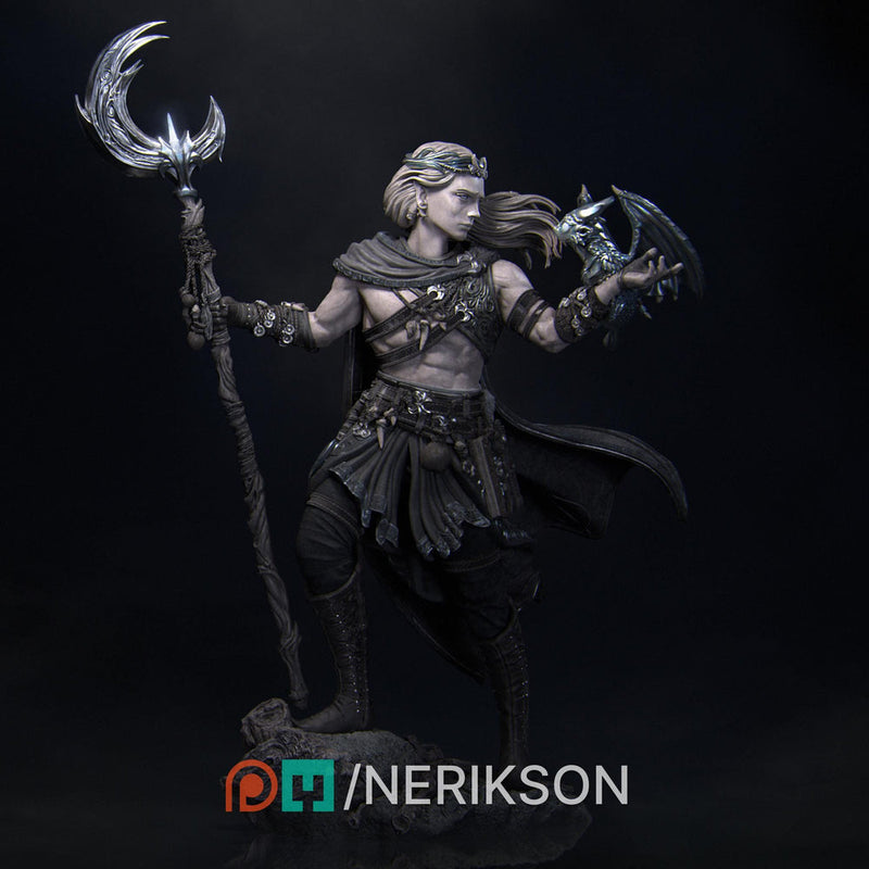 Elf Druid Circle of Moon, Stars with Staff UNPAIINTED Miniature | 28mm, 32mm,54mm,75mm,100mm,140mm Scales | Dungeons & Dragons 5E | NERIKSON - Only-Games