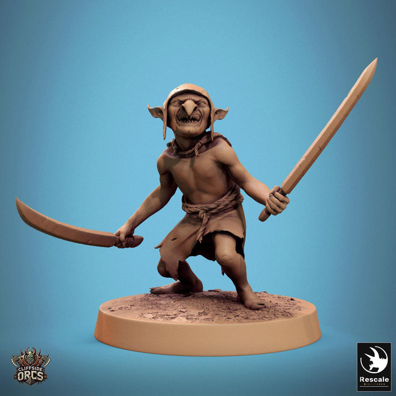 Goblin Dual Swords Fighter | D&D 5e UNPAINTED | 28mm, 32mm,54mm,75mm, 100mm scale| Pathfinder | Figure for Painting| Rescale Miniatures - Only-Games