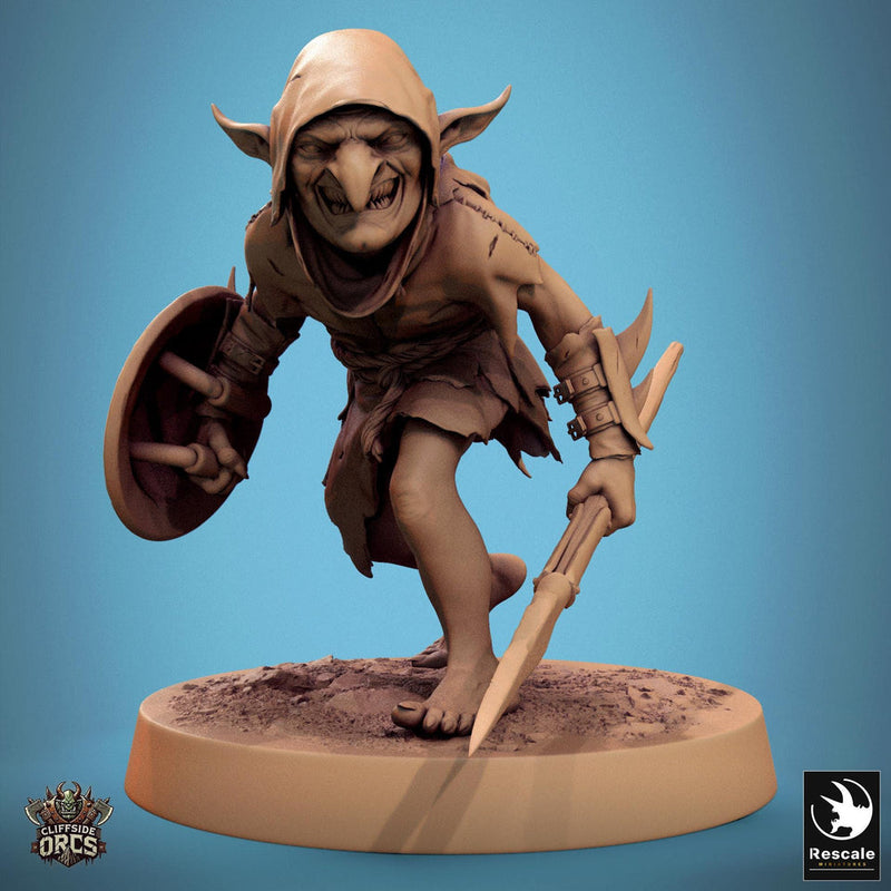 Goblin Spear and Shield Fighter | D&D 5e UNPAINTED | 28mm, 32mm,54mm,75mm, 100mm scale| Pathfinder | Figure for Painting| Rescale Miniatures - Only-Games