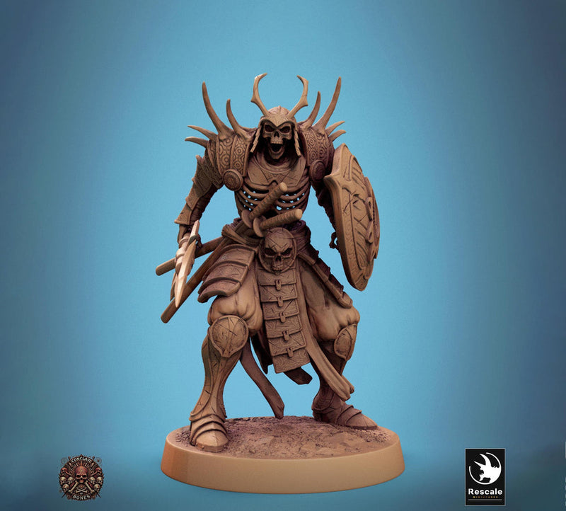 Skeleton Oriental Warrior Spear and Shield | Undead Unpainted miniature DnD | 28mm, 32mm, 54mm, 75mm,100mm | Pathfinder | Rescale Miniatures - Only-Games