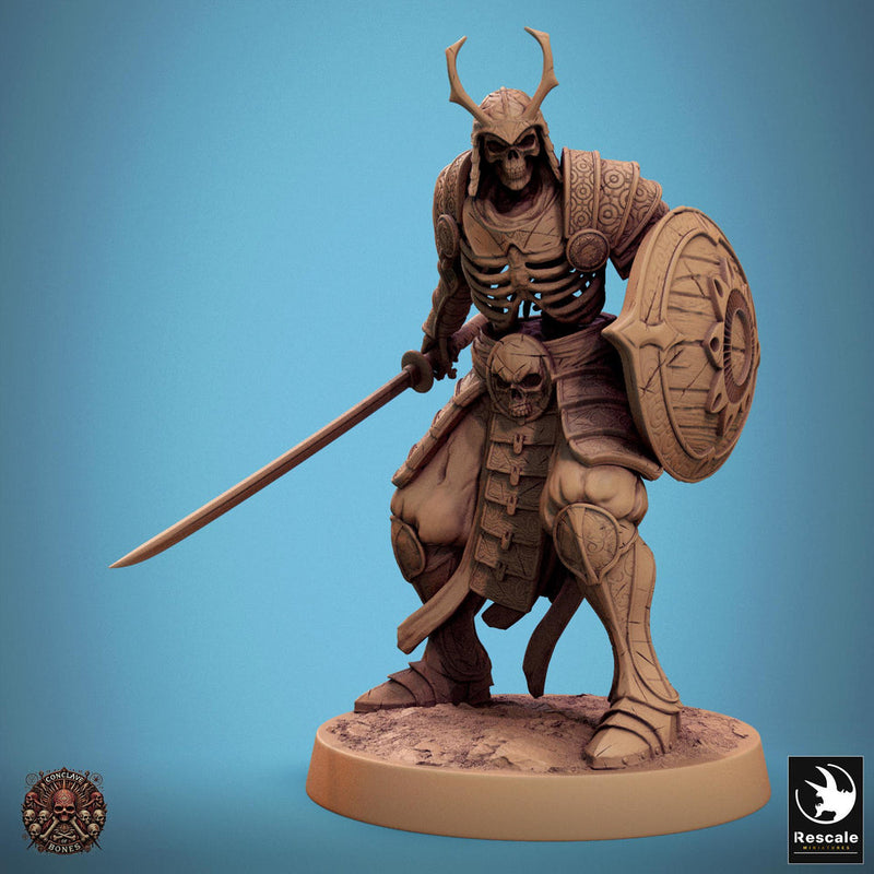 Skeleton Oriental Warrior Sword and Shield | Undead Unpainted miniature DnD | 28mm, 32mm, 54mm, 75mm,100mm | Pathfinder | Rescale Miniatures - Only-Games