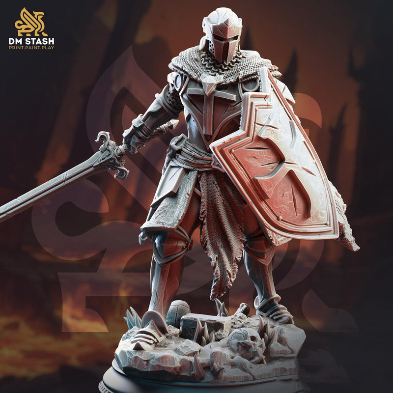 Human Paladin Fighter Sword & Shield | Miniature | 28mm, 32mm, 54mm,75mm, 100mm Scales | Pathfinder Figure | DnD | Figurine unpainted | - Only-Games