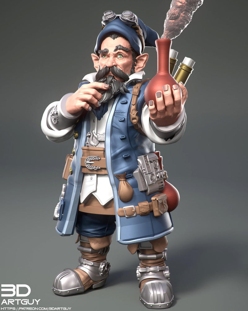 Gnome Alchemist Artificer PC/ NPC  | UNPAINTED Miniature | 28mm, 32mm, 54mm, 75mm Scales | Pathfinder  | DnD | Figurine unpainted | 3DArtGuy - Only-Games