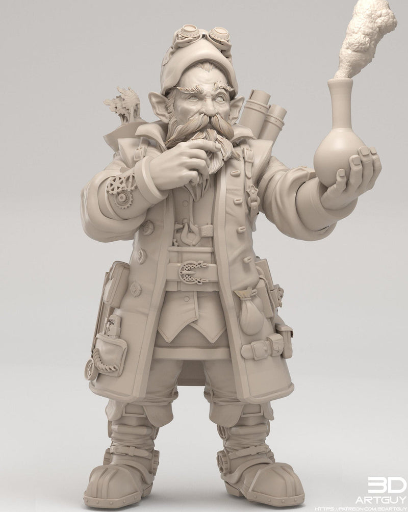 Gnome Alchemist Artificer PC/ NPC  | UNPAINTED Miniature | 28mm, 32mm, 54mm, 75mm Scales | Pathfinder  | DnD | Figurine unpainted | 3DArtGuy - Only-Games