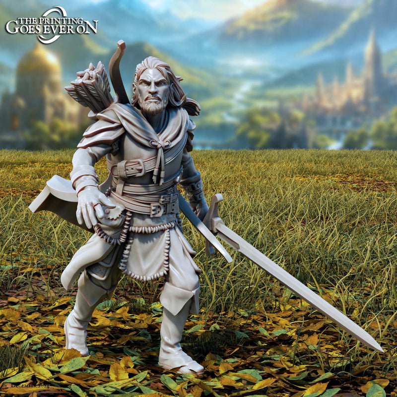 Human Ranger Fighter with Sword | Miniature | 28mm, 32mm, 54mm, 75mm, 100mm Scales | Pathfinder Figure | DnD | Figurine unpainted | - Only-Games