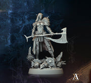 Human Female Fighter with Axe | Unpainted Miniature | 28mm,32mm,54mm,75mm,100mm Scales | Pathfinder Figure | DnD Mini  | Archvillain Games - Only-Games