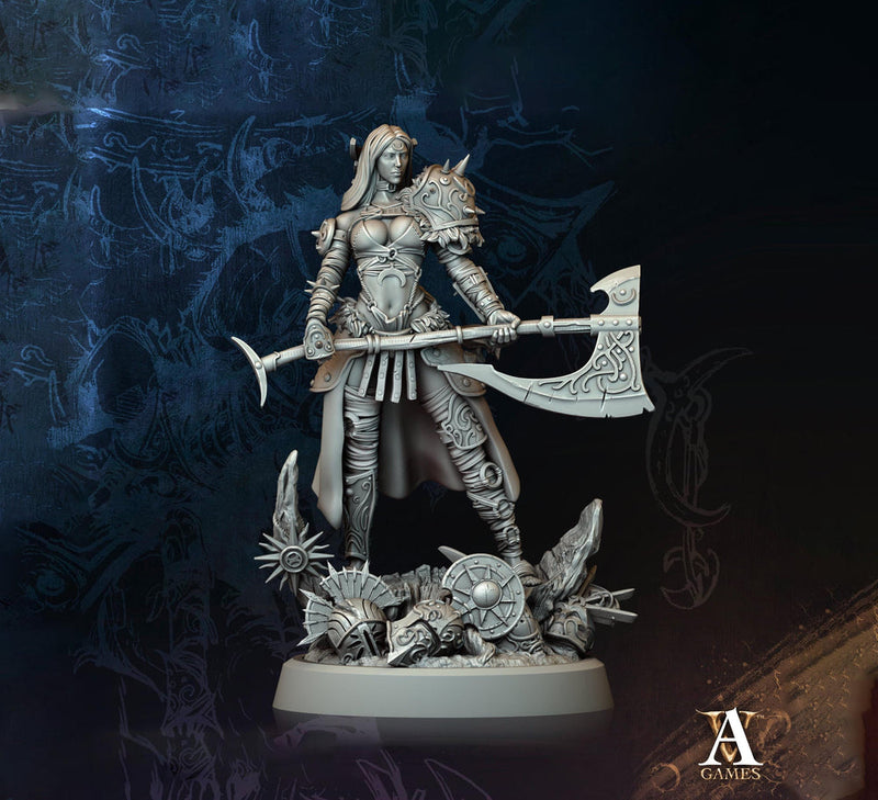 Human Female Fighter with Axe | Unpainted Miniature | 28mm,32mm,54mm,75mm,100mm Scales | Pathfinder Figure | DnD Mini  | Archvillain Games - Only-Games