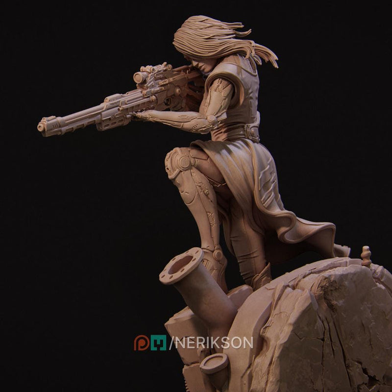 Sci-Fi Female Cyborg Sniper Assassin | Unpainted Resin Miniature | Display Details | 28mm,32mm,54mm,75mm,100mm Scales | - Only-Games