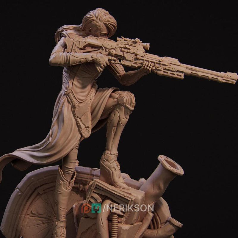 Sci-Fi Female Cyborg Sniper Assassin | Unpainted Resin Miniature | Display Details | 28mm,32mm,54mm,75mm,100mm Scales | - Only-Games