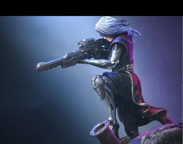 Sci-Fi Female Cyborg Sniper Assassin | Unpainted Resin Miniature | Display Details | 28mm,32mm,54mm,75mm,100mm Scales | - Only-Games