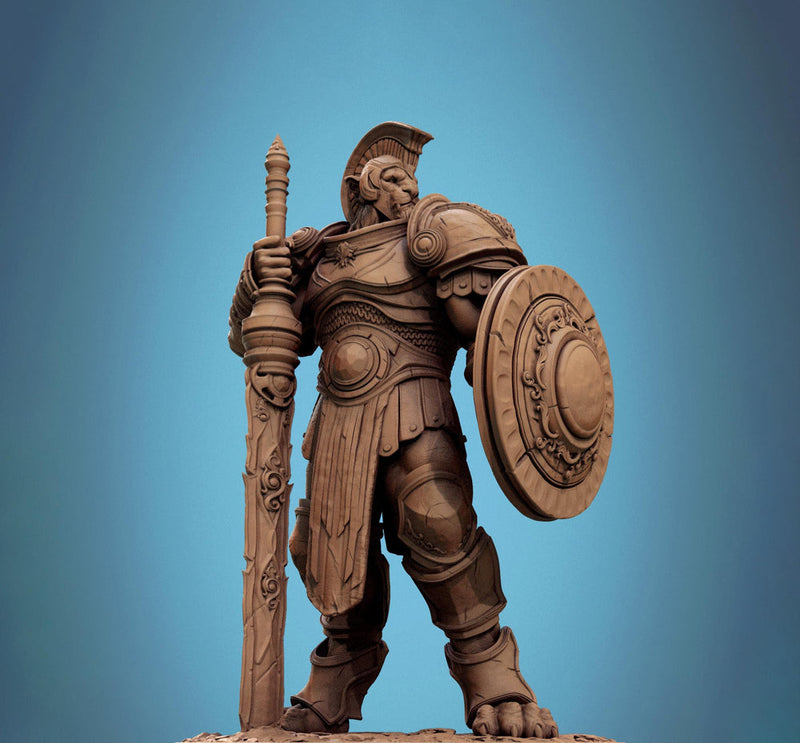 Leonin LionFolk Fighter in Armor | 28mm, 32mm, 54mm, 75mm Scales,100mm Tall | Dungeons and Dragons D&D 5e | Pathfinder| Daybreak Miniatures - Only-Games