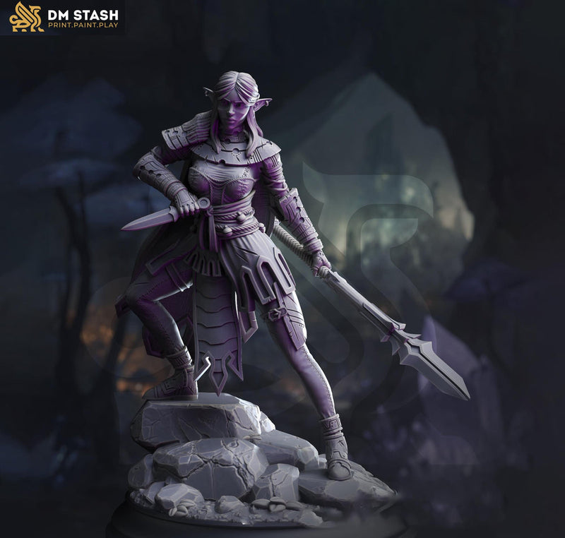Dark Elf Female Ranger ,Fighter Polearm Master PC/ NPC Miniature | 28mm,32mm,54mm,75mm,100mm Scales | Dungeons & Dragons Pathfinder DM Stash - Only-Games