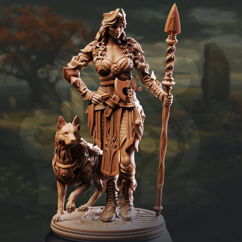 Female Fighter, Ranger, Spear and Hound | D&D 5e Mini | 5 Sizes /Scales - Only-Games