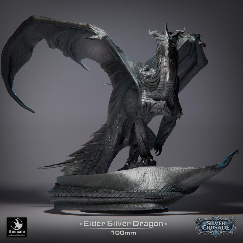 Ancient Silver Dragon Wyrm Miniature 4 Sizes Metallic DnD 5e Pathfinder Resin Unpainted - Only-Games
