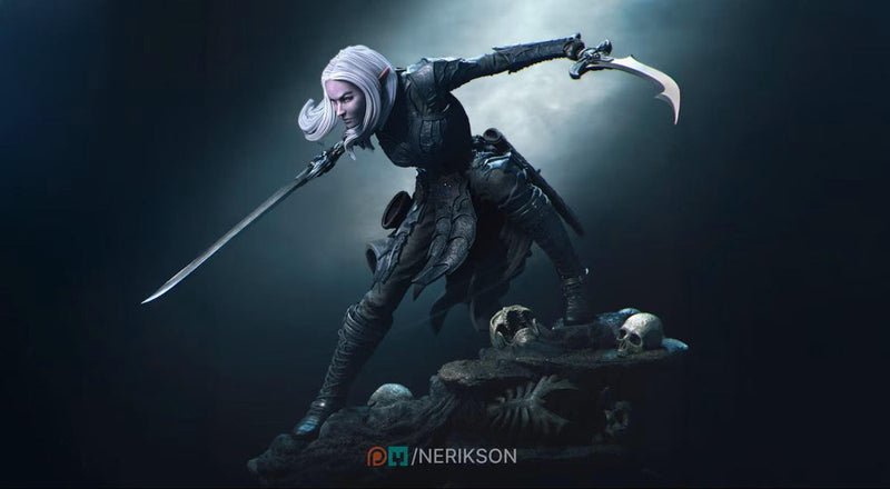 Dark Elf Fighter Miniature – Unpainted Female Resin | 5 Sizes - Only-Games