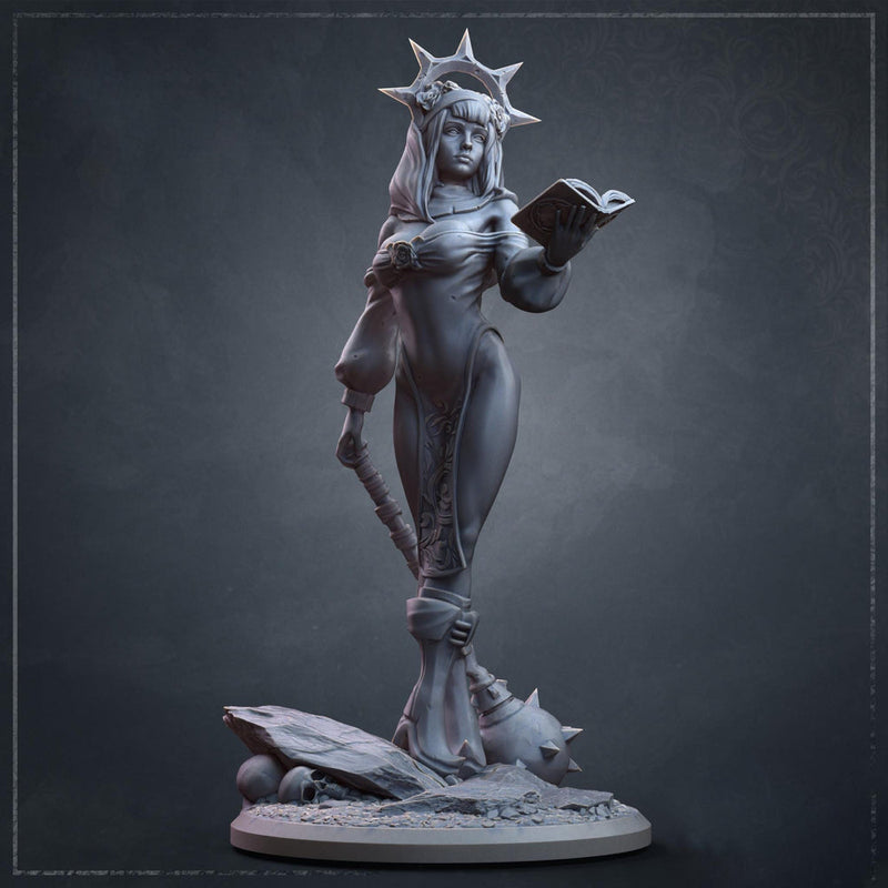 Human Cleric Miniature | Female Priestess with Mace | 28mm 32mm 54mm 75mm 100mm - Only-Games
