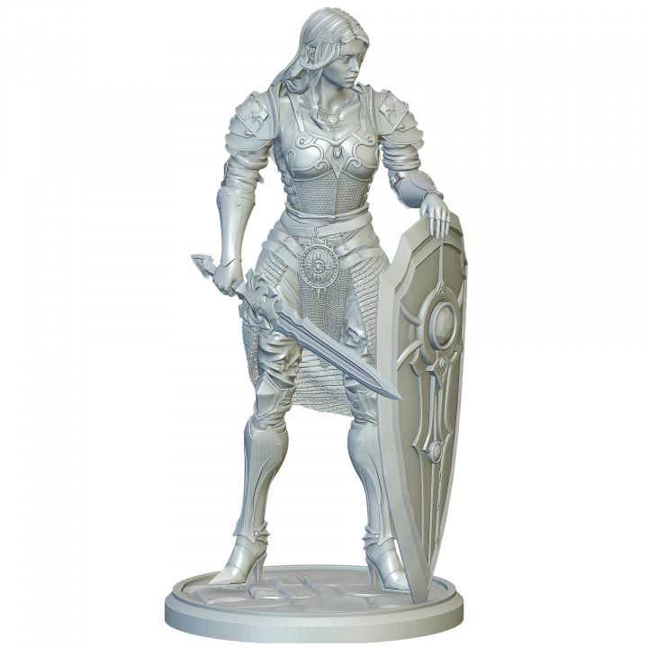 Female Holy Knight Miniature | Sword and Shield Paladin | Resin 28mm 32mm 54mm 75mm 100mm - Only-Games
